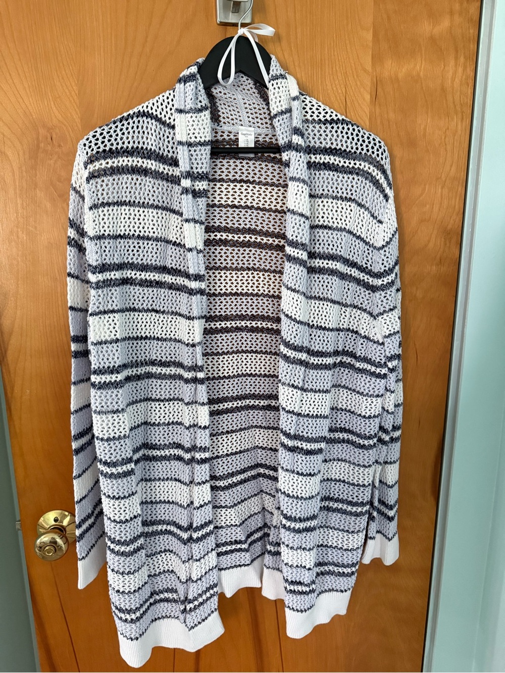 Striped Open-Front Knit Cardigan - White & Navy